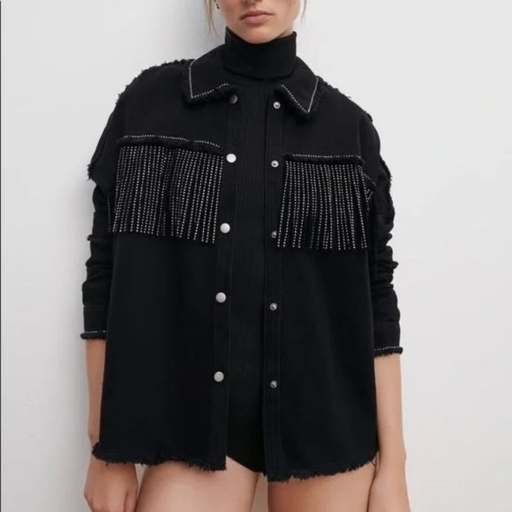 Zara Black Bedazzled Fringe Jacket-Size S